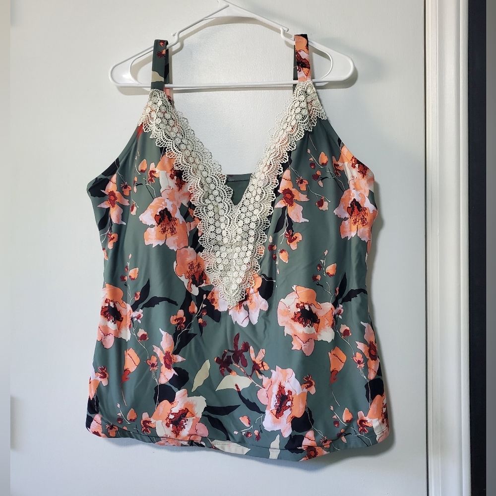 Sea Angel Green Floral Fitted Embellished Tankini Top Swimwear Size 3X